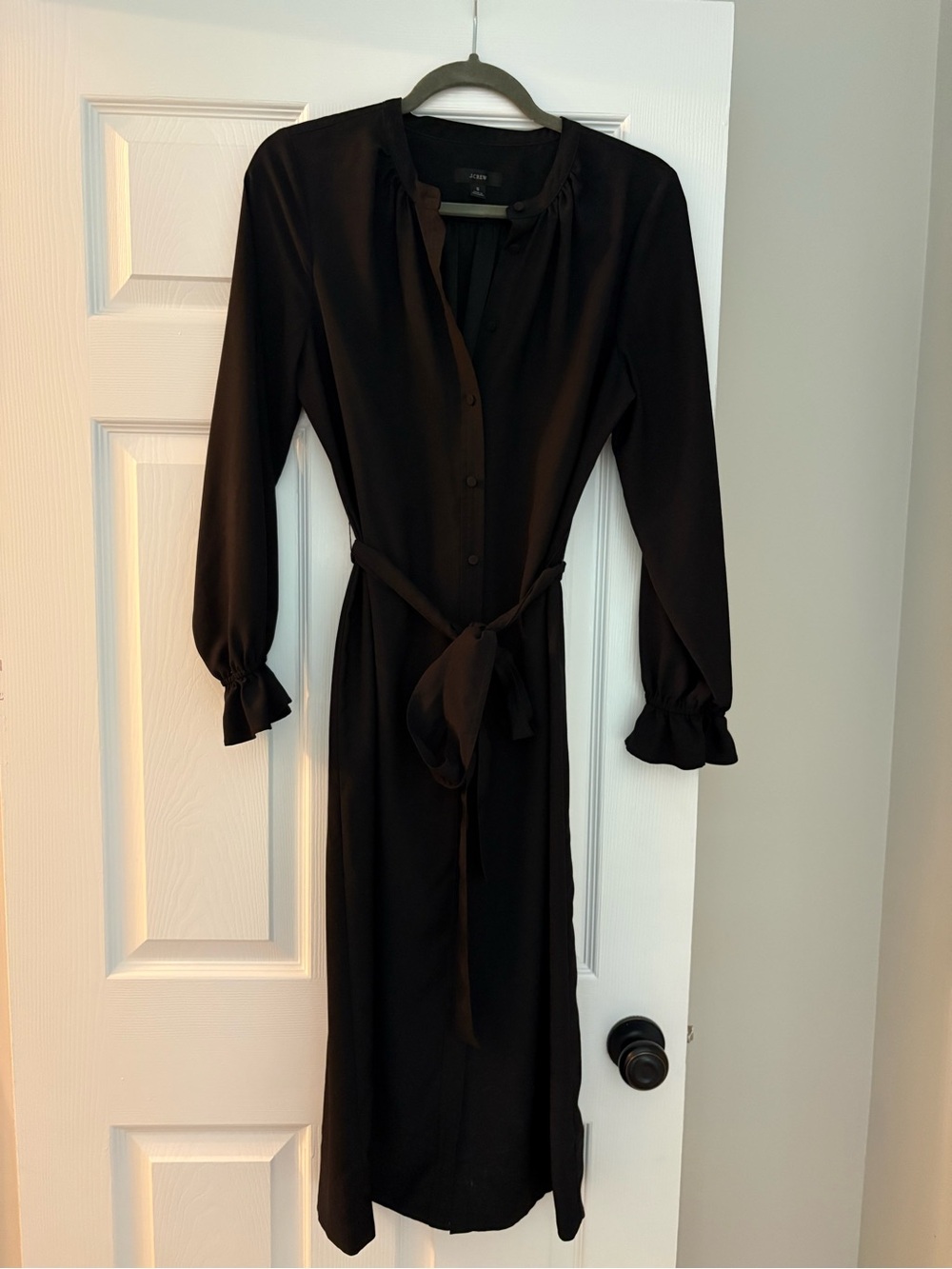 J. Crew Black Long Sleeve Button-Front Midi Dress with Tie Waist